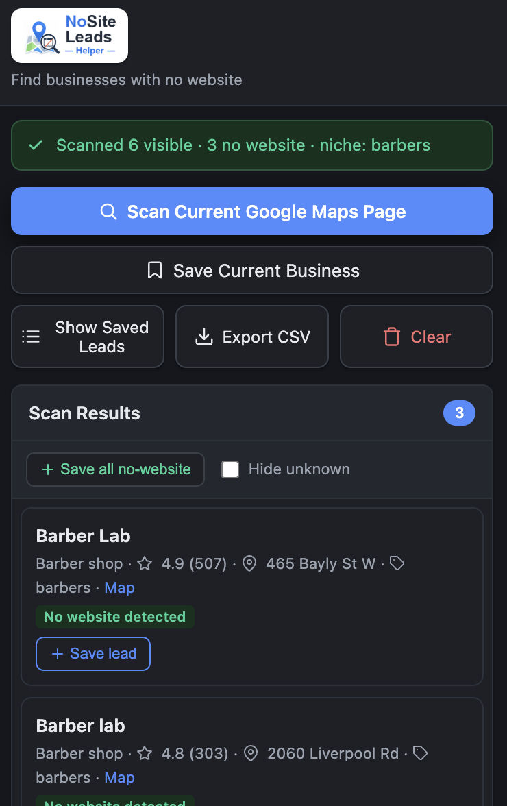 The extension popup after a scan: 6 businesses scanned, 3 flagged 'No website detected', each with a Save lead button