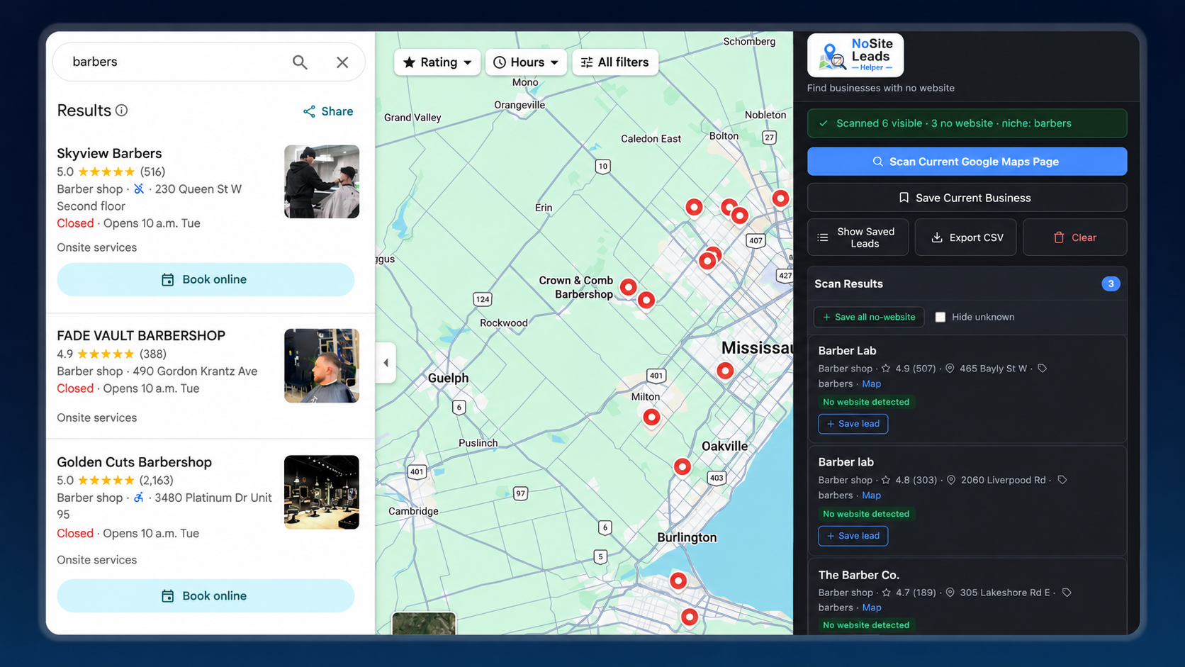 NoSite Leads Helper scanning a Google Maps search for barbers: the side panel shows 6 businesses scanned, 3 flagged with no website detected, each with name, rating and address